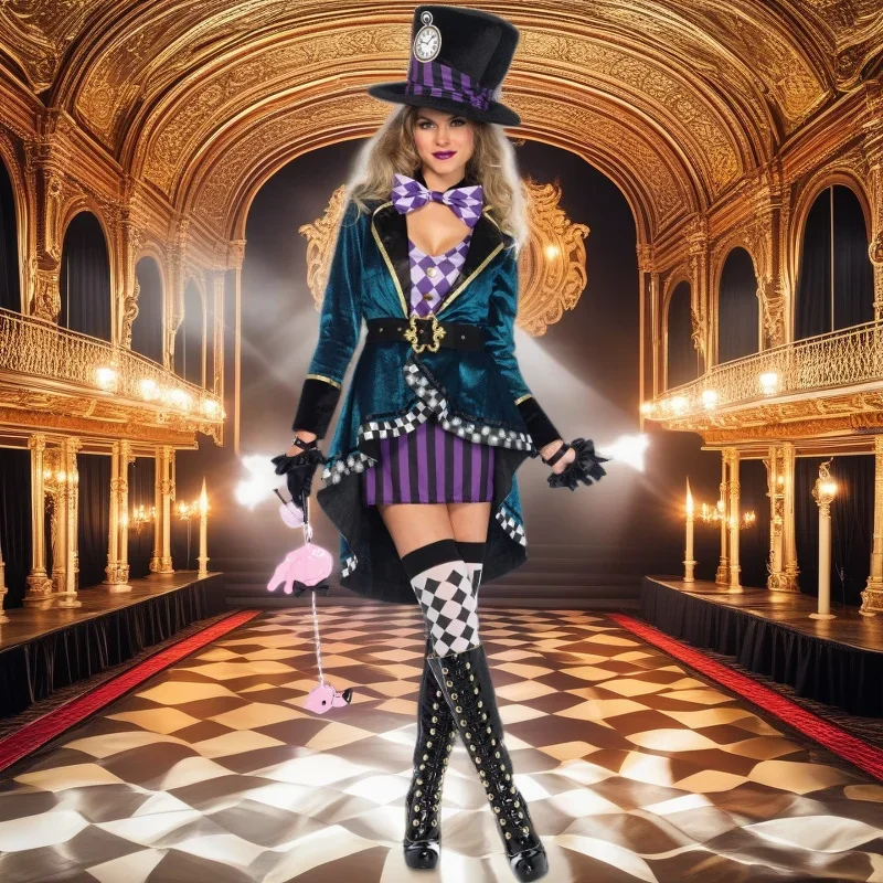 

Woman Megician Cosplay Costume Adults Purim COS Outfits Tamer Stage Performance Clothes with Hat for Halloween Carnival Party