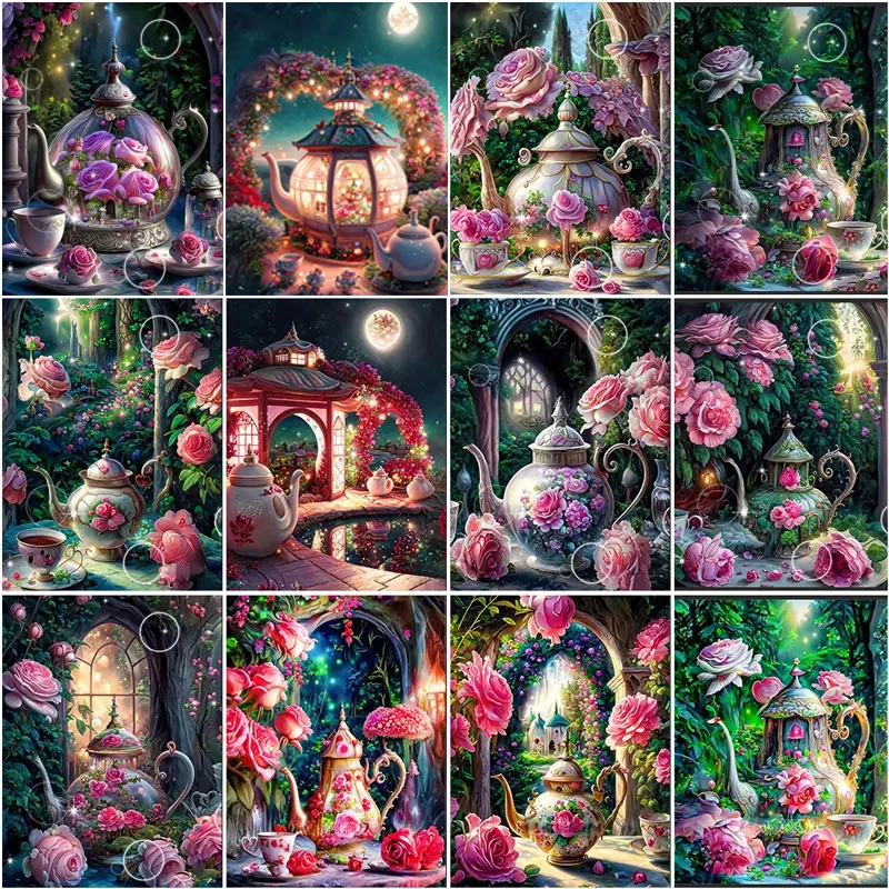 

5D DIY Diamond Painting Teapot Flower Full Round Diamond Mosaic Scenery Diamond Embroidery Kit Rhinestone Home Art Decoration