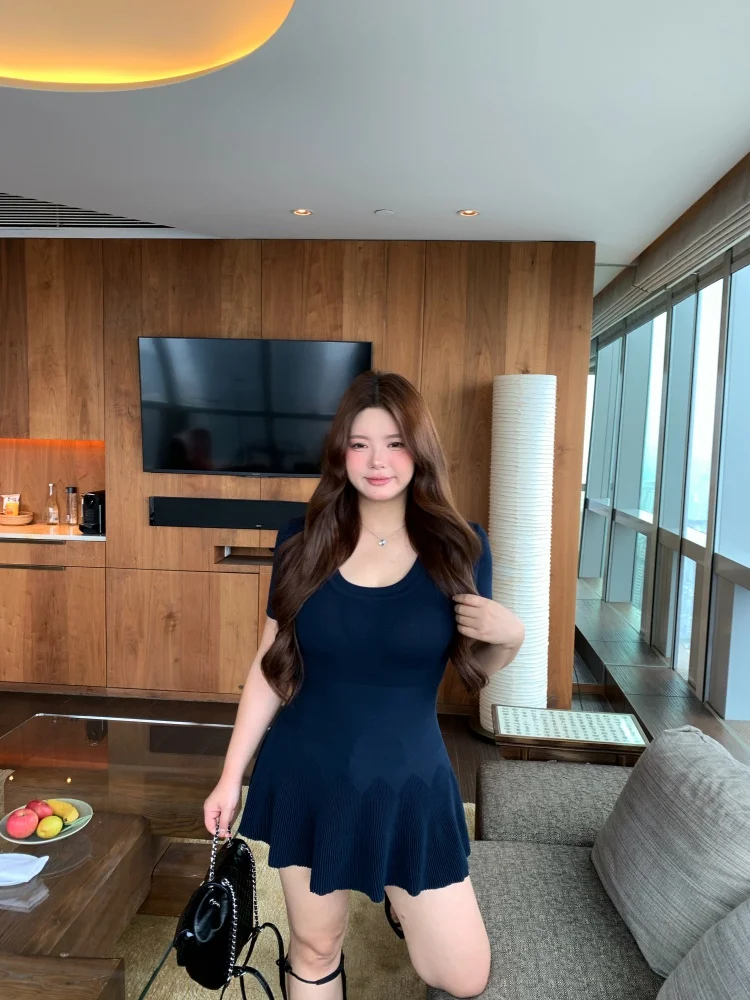 

Синее вязаное платье для похудения с U-образным вырезом, подолом «рыбий хвост», в стиле «Ван Грейп», милое, А-силуэт, миди, из дышащего хлопка и полиэфирного волокна