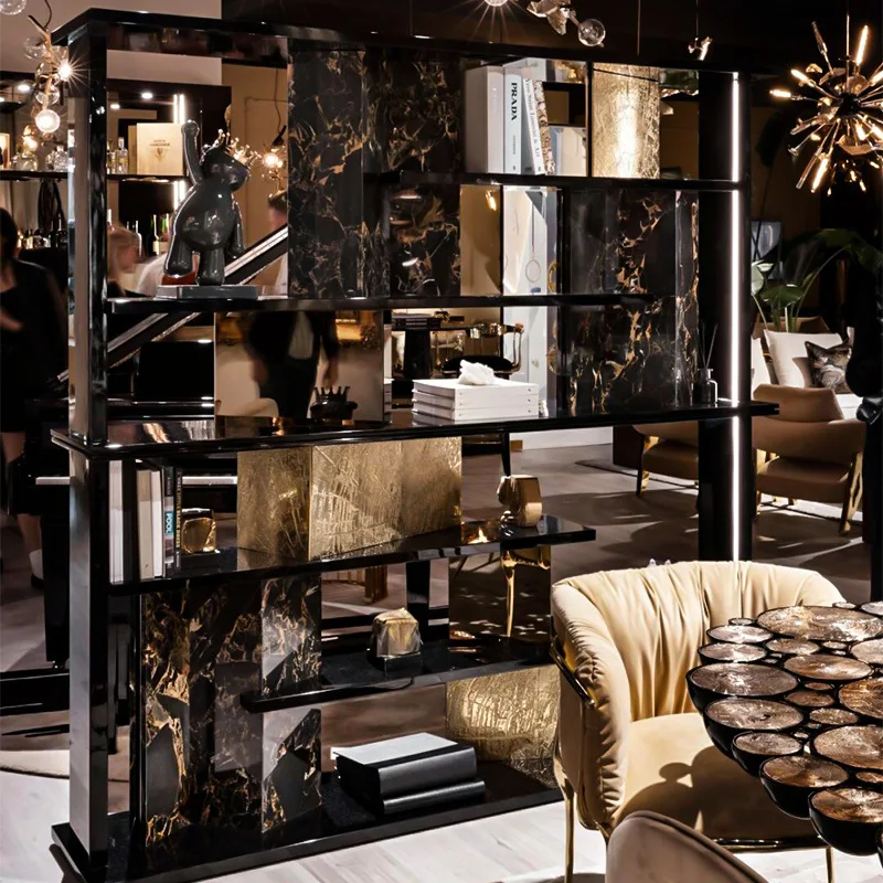 Light luxury bookshelf shelf Stainless steel villa luxury living room display shelf