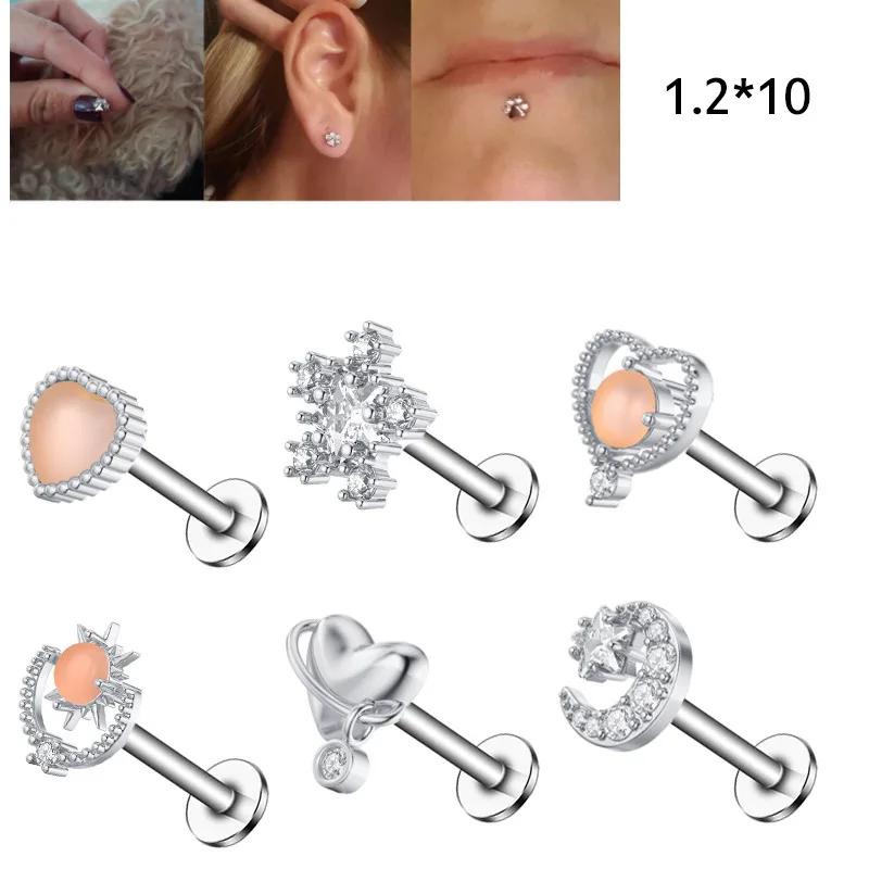 Guemcal 1 Pcs Hot Selling Stainless Steel Fashion Simple Snowflake Zircon Ear Bone Nail Protein Peach Heart Series Lip Nails