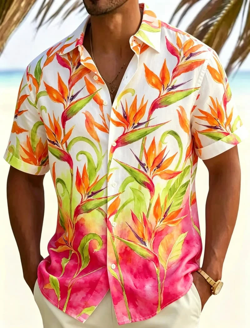 Men's Watercolor Bird Of Paradise Floral Short Sleeve Shirt Lapel Button Placket Coastal Leisure Style Mens Daily Urban Garments