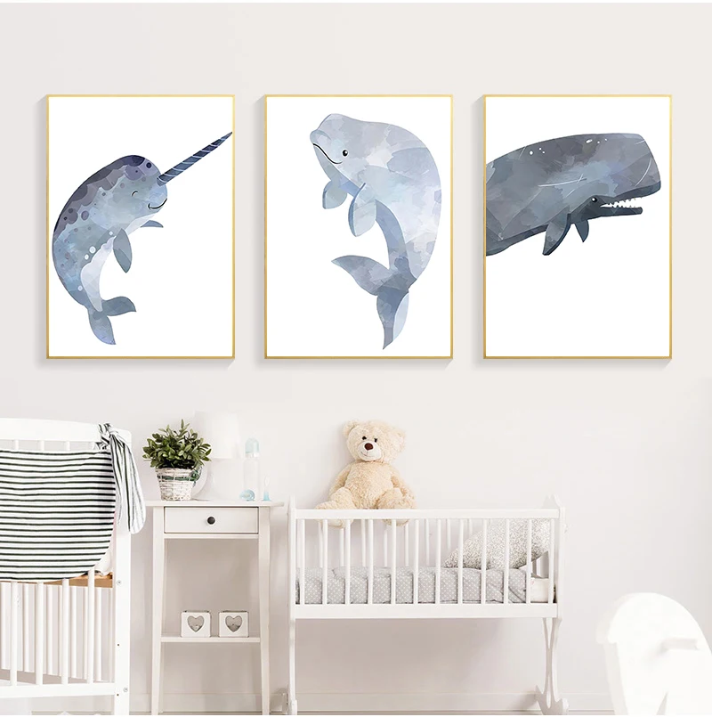 Whale Animal Canvas Poster Print Ocean Sea Nursery Theme Art Painting Narwhal Whale Pictures Home Baby Room Wall Art Decor