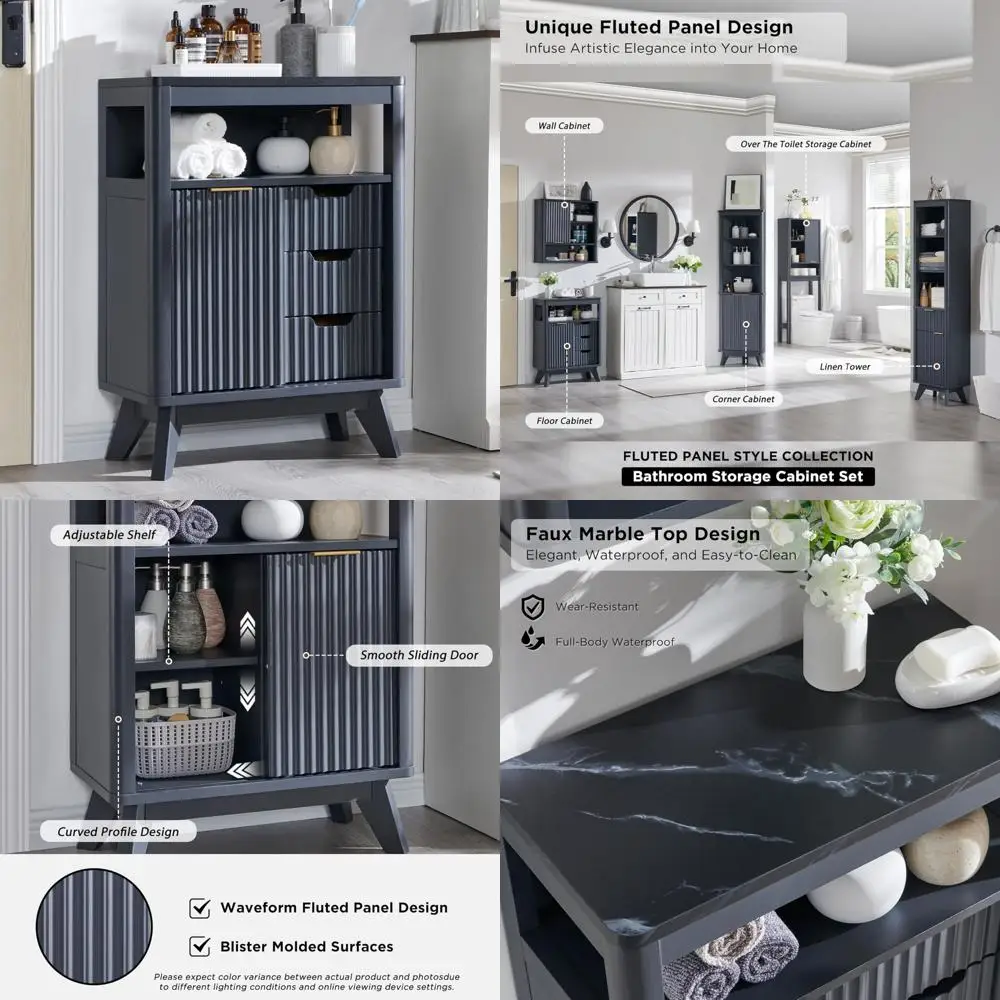 modern fluted bathroom floor cabinet with sliding door, 3 drawer storage organizer featuring adjustable shelf and faux marble to
