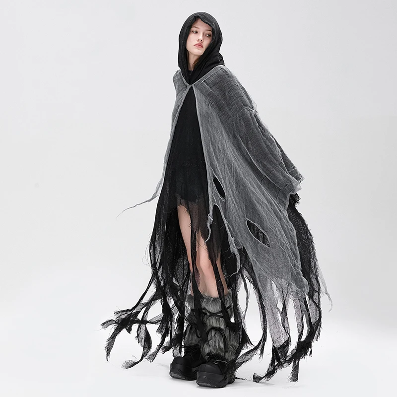 Halloween Witch Cloak with Hood Exaggerated Ripped Grim Reaper Cape Cosplay Props for Party Cosplay Fall Casual Coats Gothic Y2K