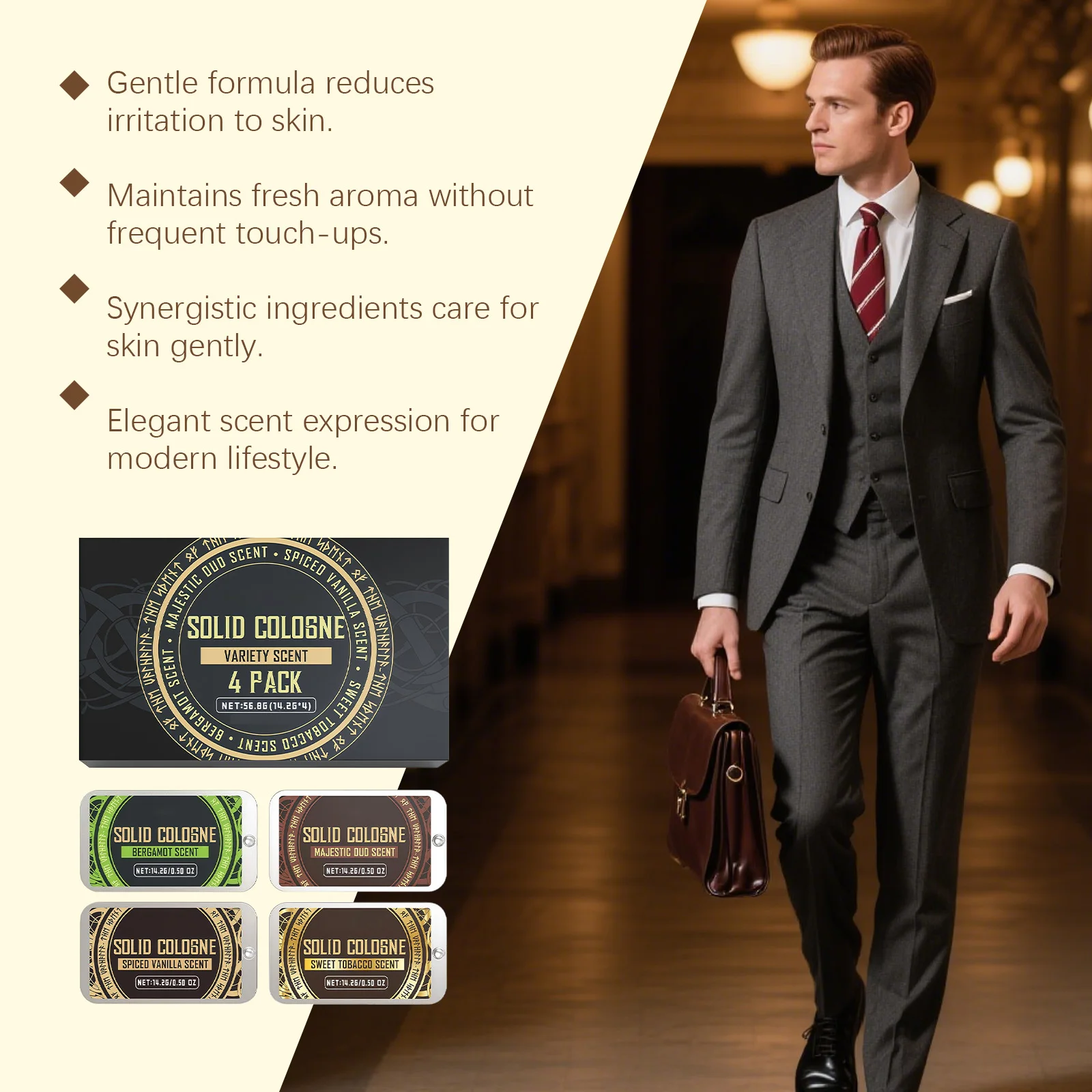 4In1 Pheromone Solid Cologne Set Woody Scent Lasting Natural Fragrance Release Charming Confidence Pocket Deodorant Solid Balm
