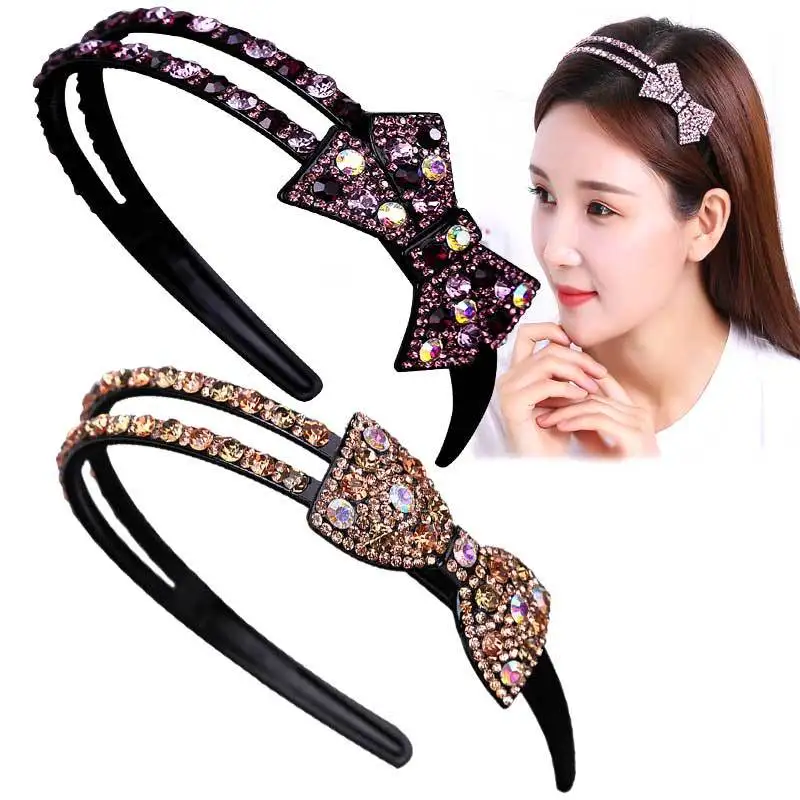 New Fashion Boutique Luxury Sweet Bow Wide Side Headband All-match Rhinestones Hairband for Woman Girls Hair Accessories