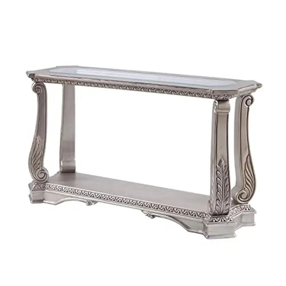 Wooden Sofa Table with Glass Top and Bottom Shelf Floral Legs Beveled Glass Silver and Clear 18