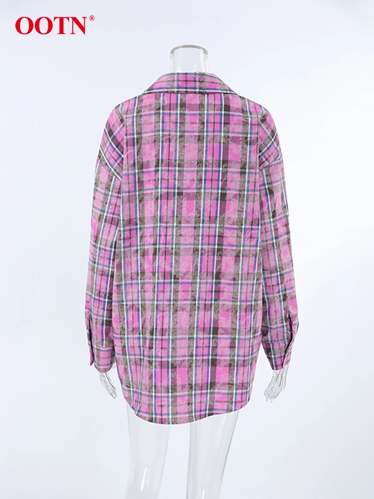 OOTN Fashion Street Pocket Purple Plaid Shirts Female Casual Long Sleeve Blouse Woman 2024 Spring Cotton Turn Down Collar Tops