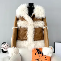 Manteau court en fourrure de lapin pour jeunes filles, veste chaude, col en poils d'agneau maigres, vrais cheveux, à la mode, nouveau, hiver, 2024, JT442