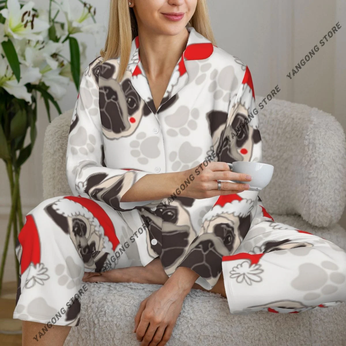 Spring and Autumn Long Sleeve Pants Pajamas Set Pug Dog In Santa Hat And Traces Dog Animal Women's Pull Edge Loose Sleeping Suit