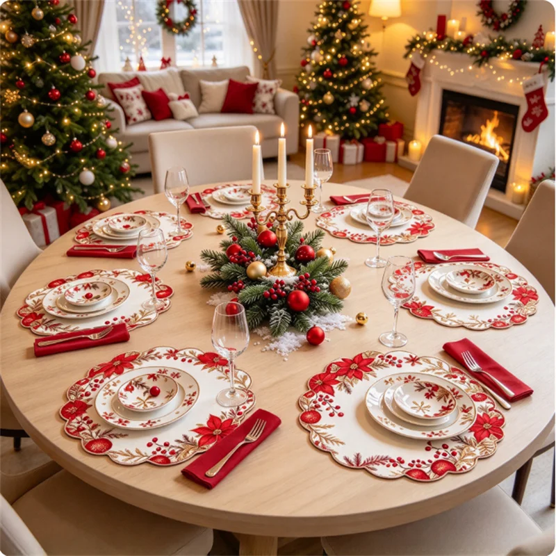 7pcs christmas wave placemats,13.8 inch 2d print poinsettia berry pine branch, washable heat resistant non slip table decor
