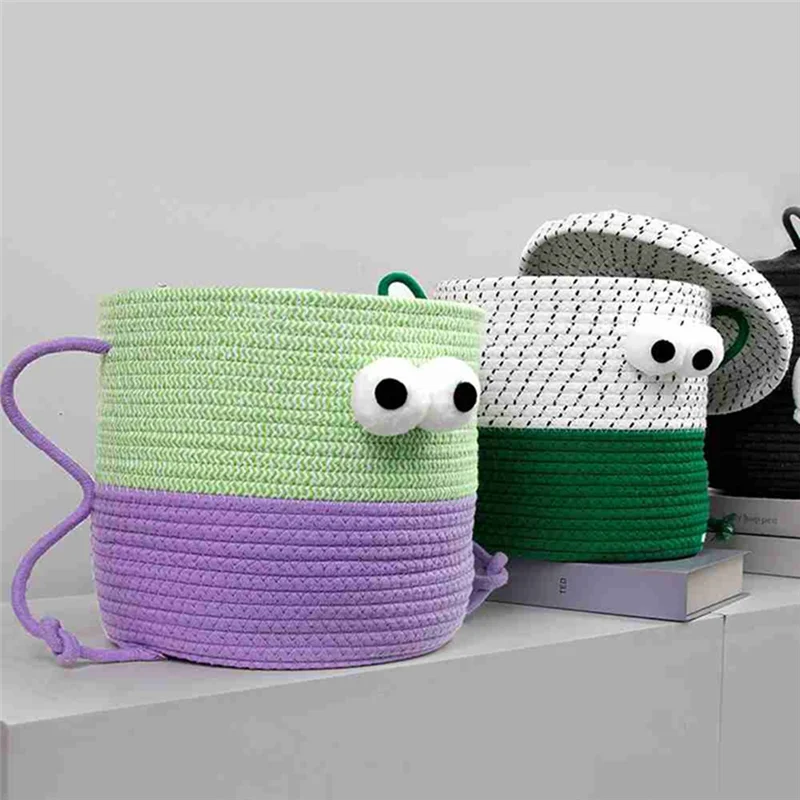 

AA50-Cartoon Woven Storage Basket Organizer Of Round Toy With Cover Cotton Rope Desktop Snack Storage