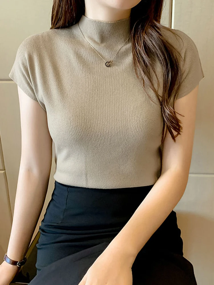 Women Summer Sexy Knitted Turtleneck Sleeveless T-Shirts Tops Solid Slim Fit Pullovers Causal Tees Female Streetwear Basics Tees