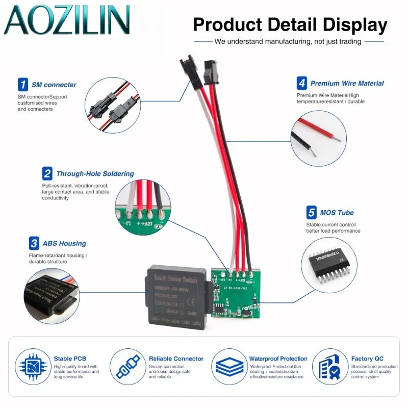 AOZILIN DC12V 3A 36W CCT Touch Dimmer Switch IP20 Memory LED Single Point Sensor Mirror Light Color Adjustable Controller50 pcs