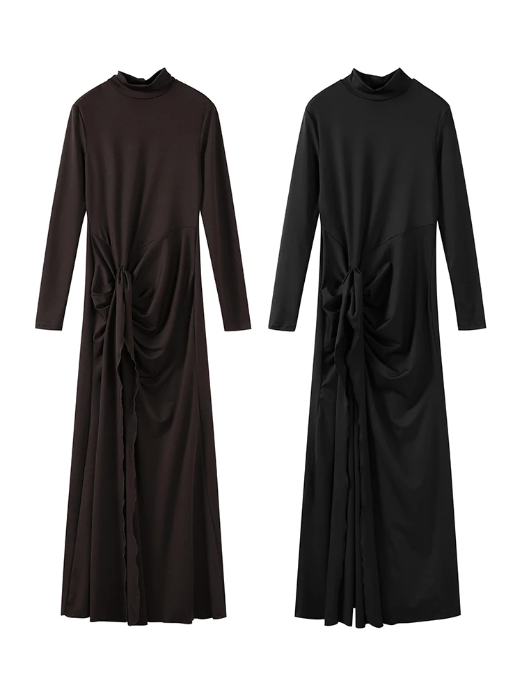 Gola alta ruched bodycon maxi vestido feminino manga longa alta divisão plissado vestidos longos 2024 elegante festa clube apertado vestidos