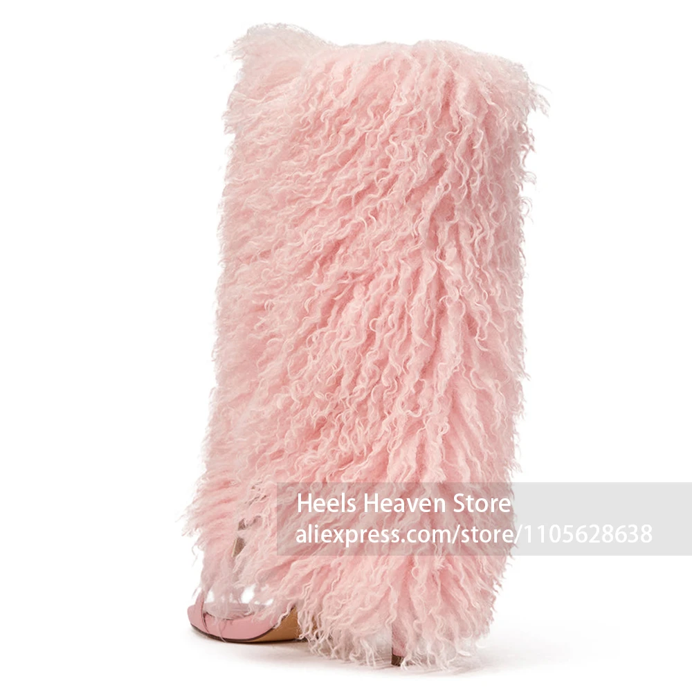 Soft Plush Fur Texture Fluffy Stiletto Heel Boots Smooth Pink Faux Leather Open Toe Strap Boots Fashion Show Runway Look Boots