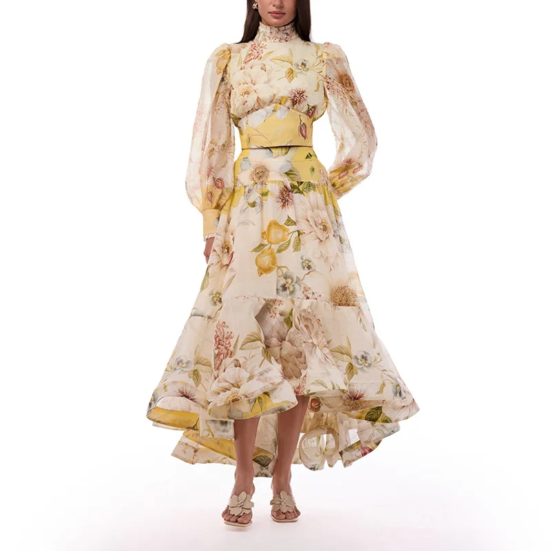 2026 New Floral Print 2 Piece Set Stand Collar Long Sleeve Crop Top & High Waist A- Line Skirt Set Elegant Commute Office Style