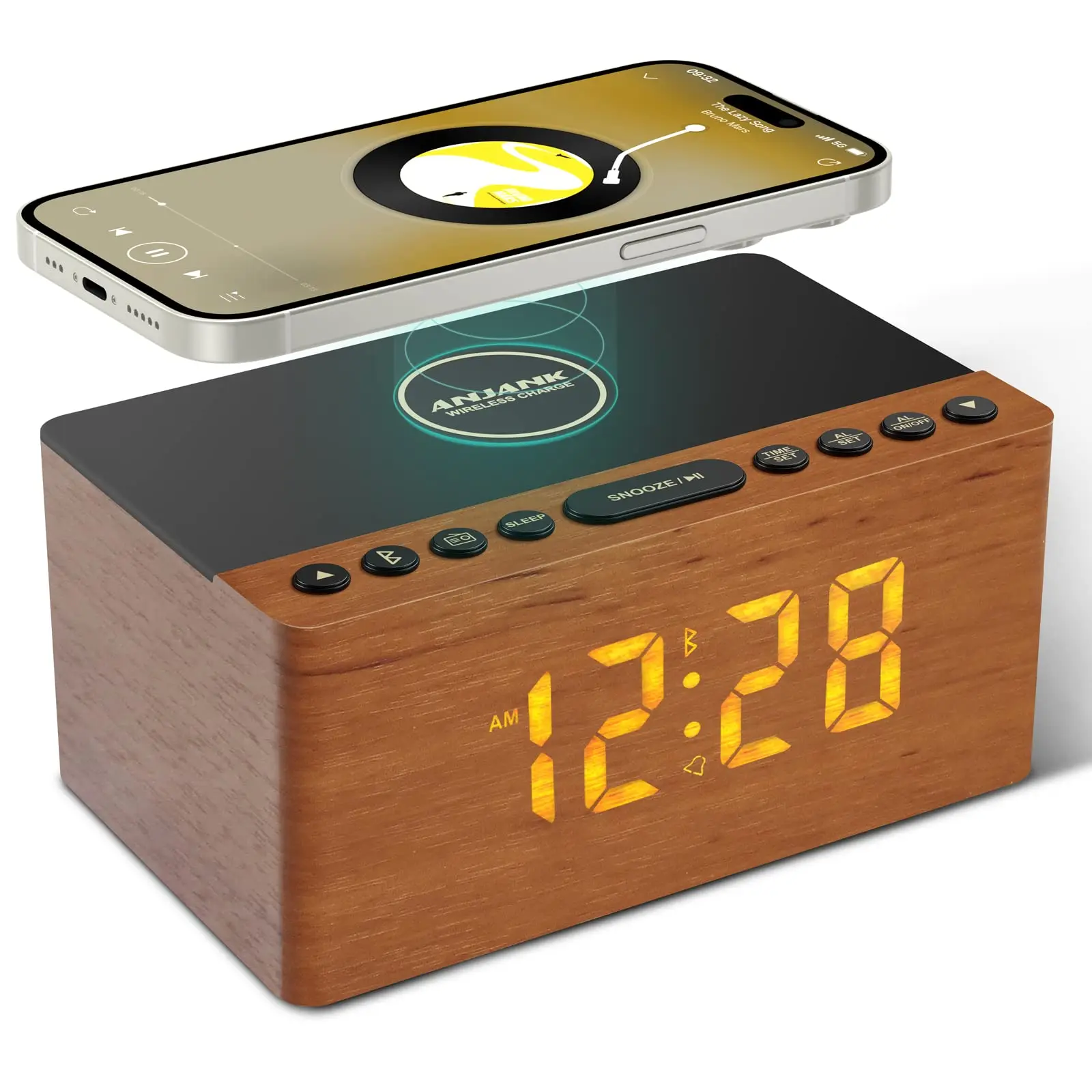 Wooden Bluetooth Speaker Alarm Clock with Fm Radio Wireless Charging Station for iPhone/Samsung USB Charger Port Dimmable