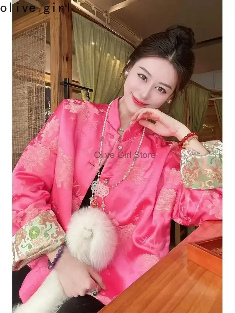 Oversized Tang Top Traditional Chinese Clothing Plus Size High-end Acetic Acid Satin Embroidery Spring Autumn 2024 Women Coat