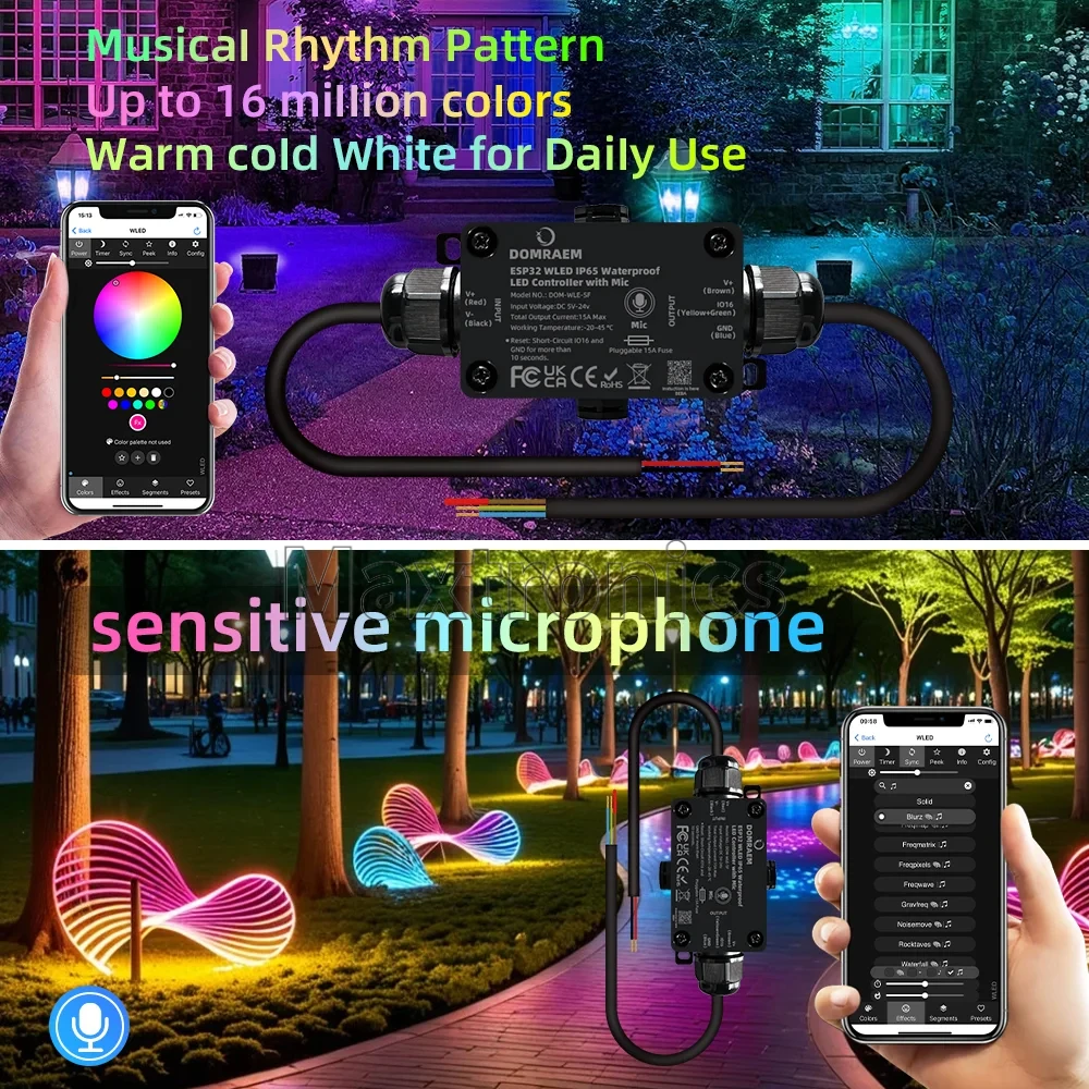 HOT Outdoor Waterproof ESP32 WLED Digital LED Mic Controller Alexa/HA/MQTT App Remote RGB IC IP65 15A Fuse RCP WS2811/05etc