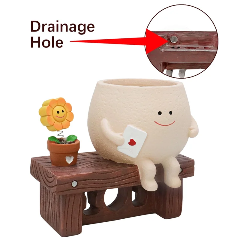 

THIVN-Cute Smileyface Planter Pot Sitting Sunflower Flower Pot Resin Head Planter For Indoor Outdoor Funny Sit Chair Pots