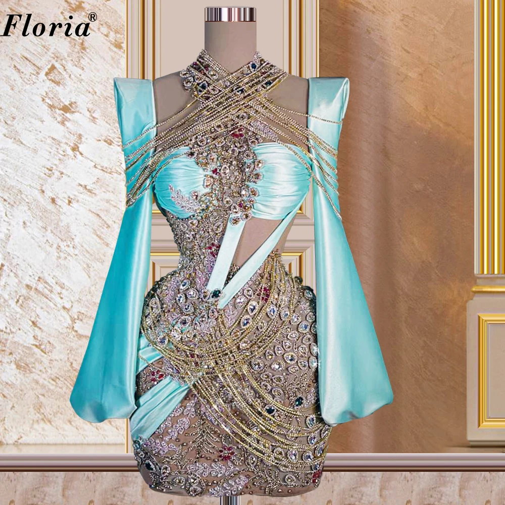 

Special Mint Green Celebrity Dresses With Crystals Long Sleeves Luxury Red Carpet Runway Dresses For Women Vestidos De Mujer