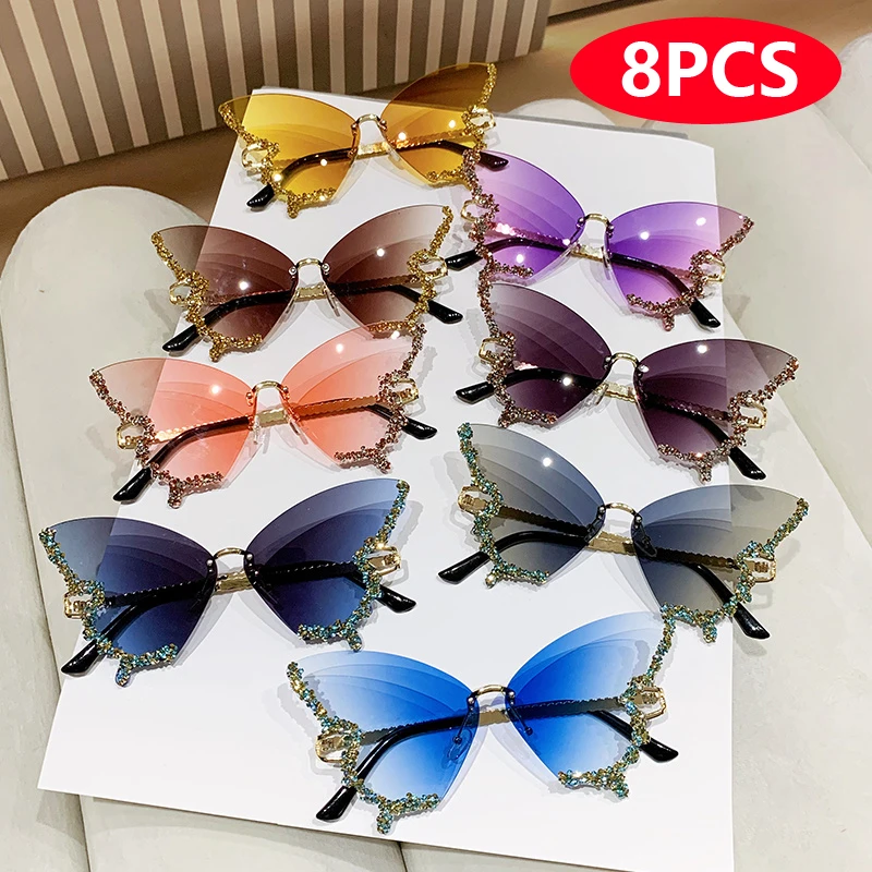 

Cycling 8pcs Y2K Style Oversized Sunglasses Women Fashion Colorful Butterfly Shape Diamond Design Sun Glasses Party Glasses