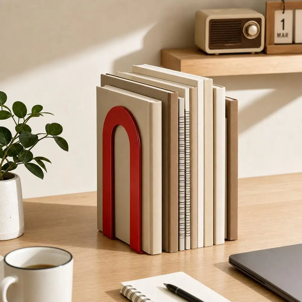 2pcs Iron L-Shaped Bookends Heavy Duty Arch Design Holds Books Magazines Office Document Storage Rack ﻿