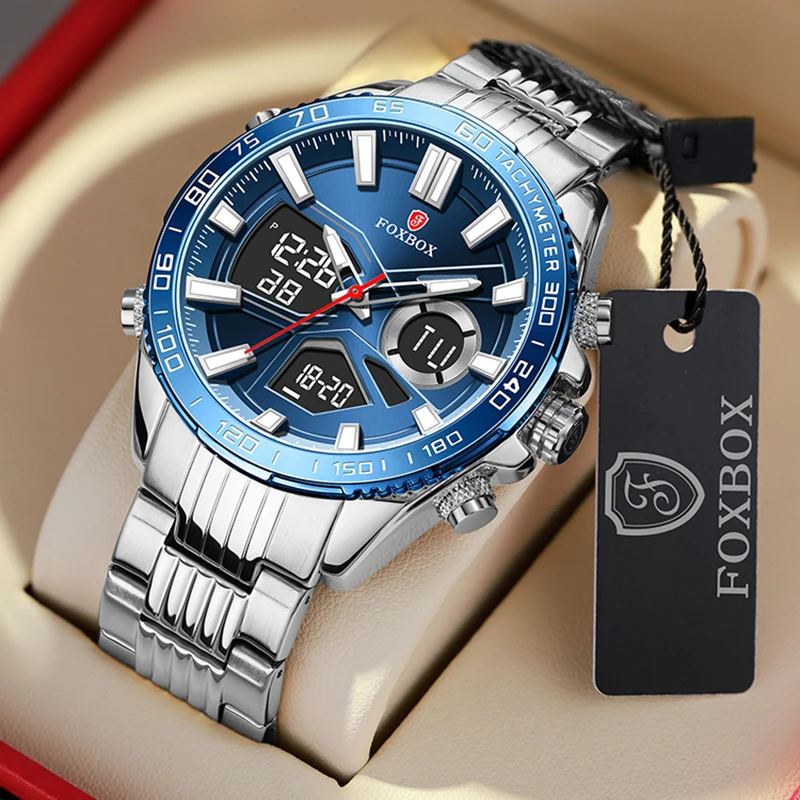 FOXBOX-Montre-bracelet de sport analogique numérique en acier inoxydable pour homme, horloge militaire masculine, marque supérieure, luxe, nouveau, 2023