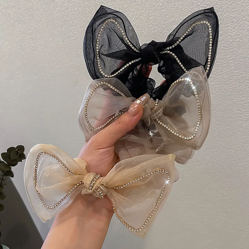 

Sparking Rhinestones Hair Bows Scrunchies Ties Korean Rope Chiffon Rubber Bands Ponytail Holder Girls Hair Accessories For Women