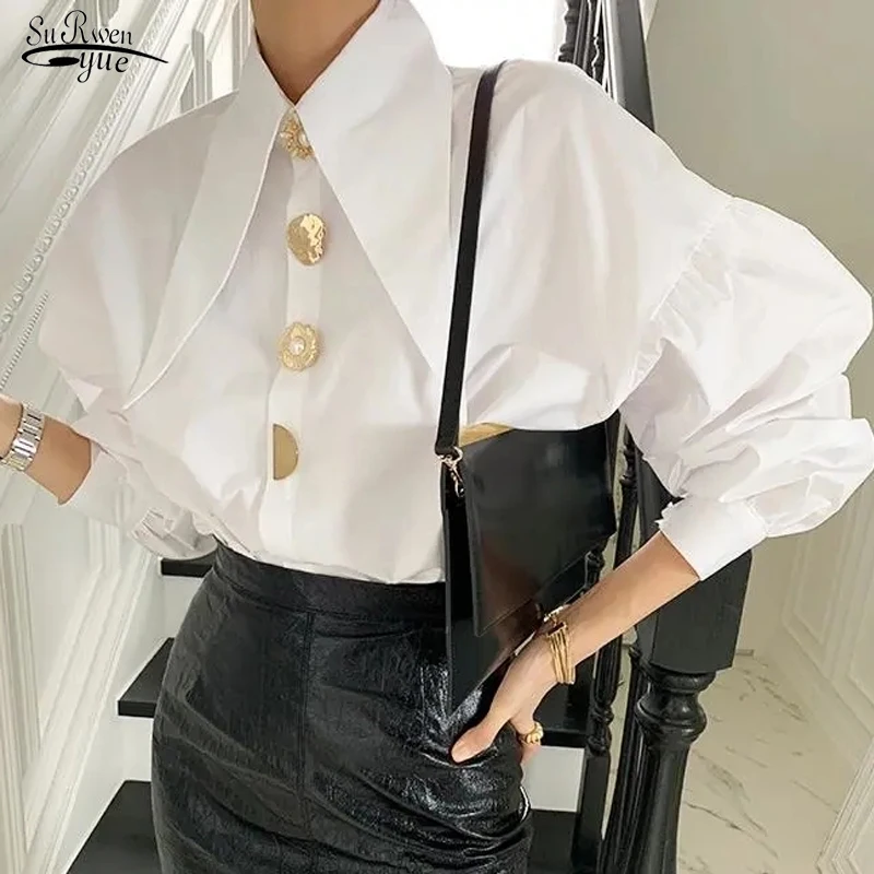 Korean Retro Loose Turn Down Collar Elegant Blouse Spring  All-match Tops Fashion Lantern Long Sleeve Shirt Casual Clothes 17845