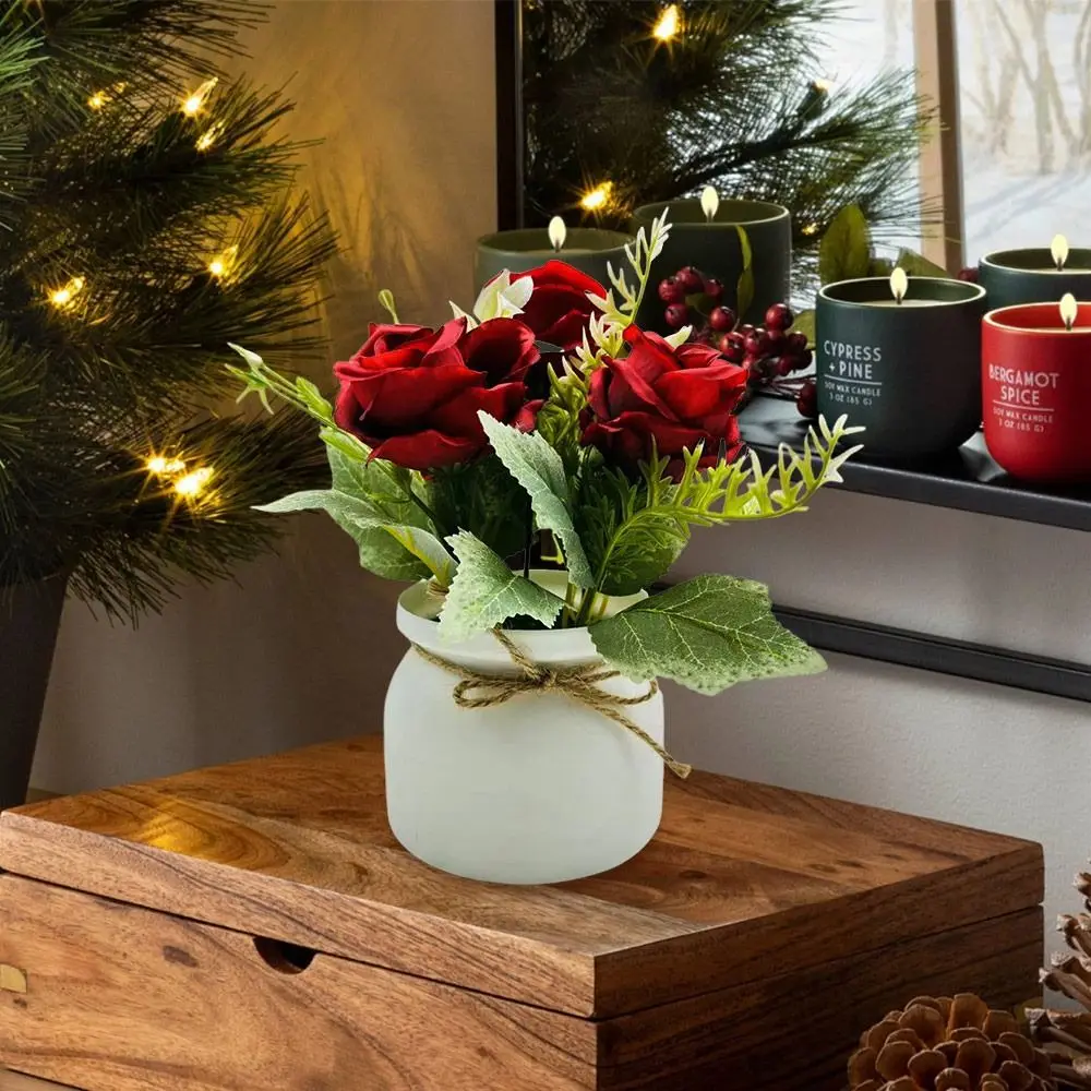 with Pots 3Rose Flower Artificial Potted Plant Miniscape Realistic Fake False Plants Vibrant Color Simulated Potted Plant - Image 5