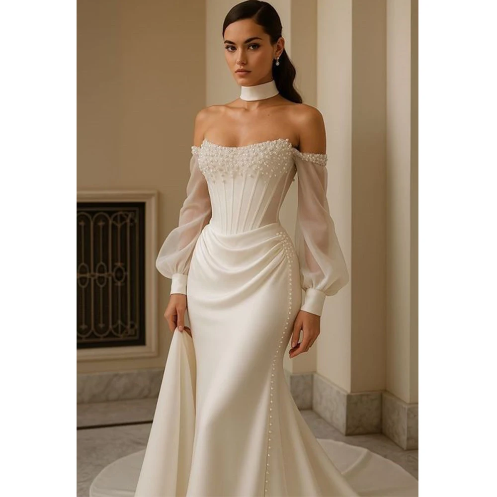 

Welove Modern Mermaid Bride Wedding Dress Off the Shoulder Three Quarter with Pearl Customized Floor Length Luxury Gown New