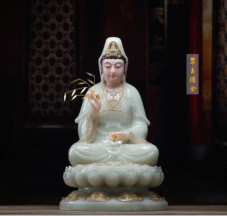 

40cm Large GOOD # Buddhist high-grade home Temple efficacious bless Talisman Mascot jade gilding Guan yin PUSA Buddha statue