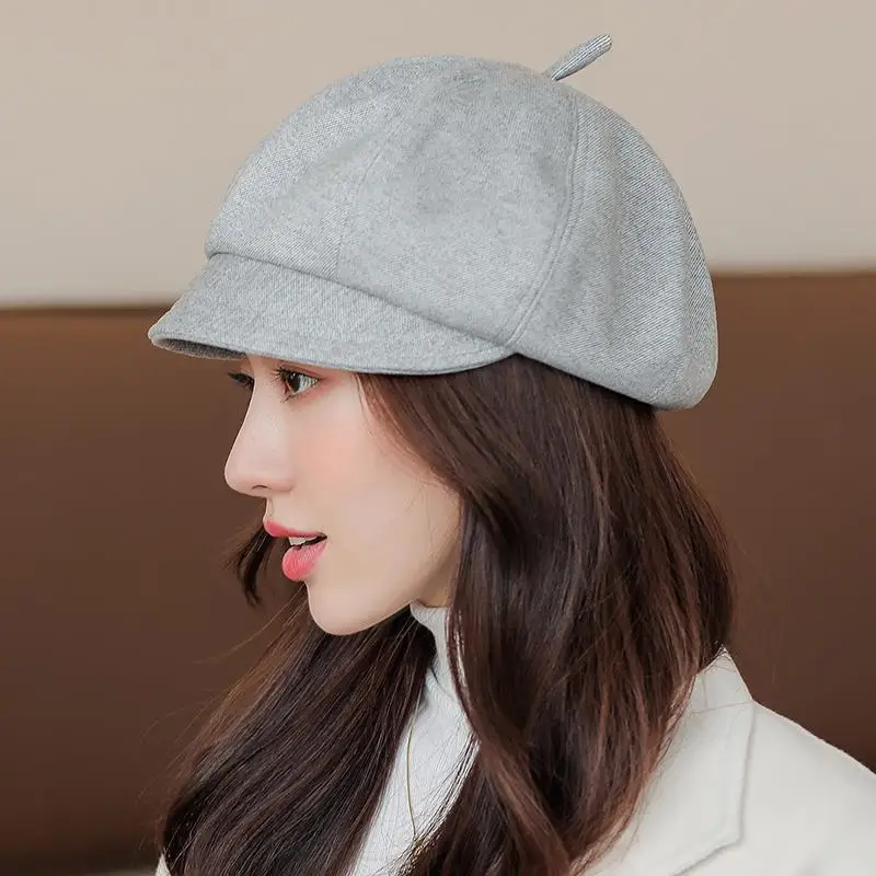 Solid color octagon woman autumn and winter beret Korean version of everything British retro hat woman