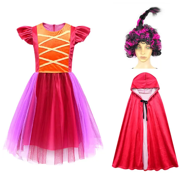 Halloween Hocus Pocus 2 Costume For Teen Girl Lace Dress Festive Child Up Frock+Wig+Cloak 3PC Set Kid Tunic Cloth