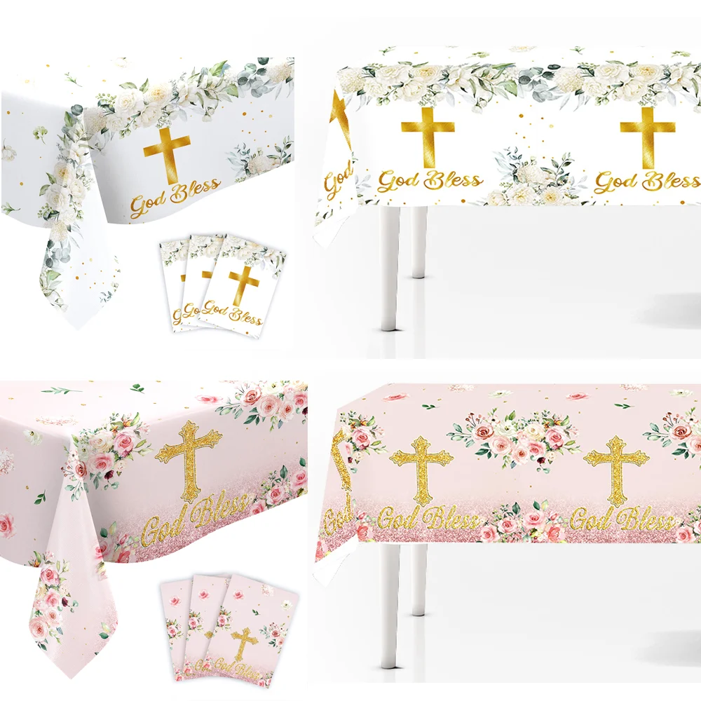 Baby Shower Party Tablecloths God Bless Cross Tablecover Holy Day Communion Supplies Baptism,Kids 1st Birthday Party Decoration