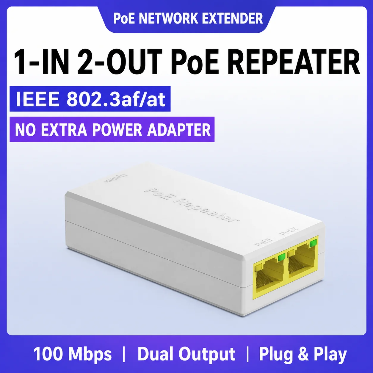 Extensor POE de 1 to 2 puertos, repetidor de interruptor de red de 100Mbps, IEEE802.3af/at Plug & Play para conmutador PoE, cáma