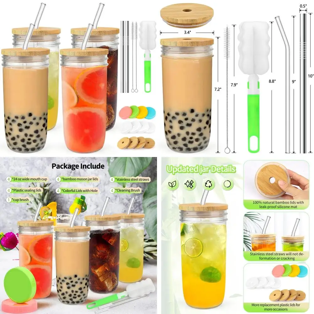 

4-pack 24oz glass cups with lids and straws - wide mouth mason jars, 12 lids (bamboo/plastic) & 8 straws - reusable tumblers for