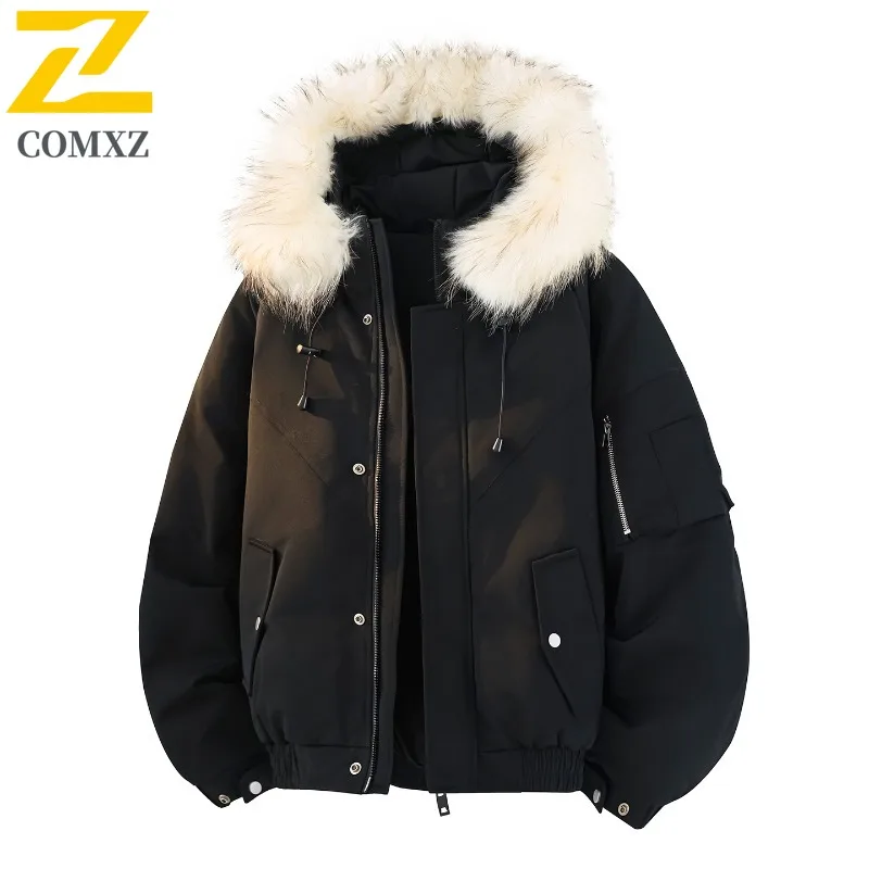 COMXZ Puffer Jacket Men Hooded Solid Color High Quality Warm Loose Snow Padding Coat 2025 Designer Bread Jacket Men's Clothing