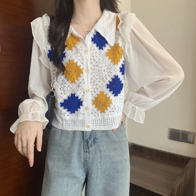 Boring Honey Square Single Breasted T-Shirts Spliced Chiffon Bubble Sleeves Short Tops Women Turndown Collar Women Clothing
