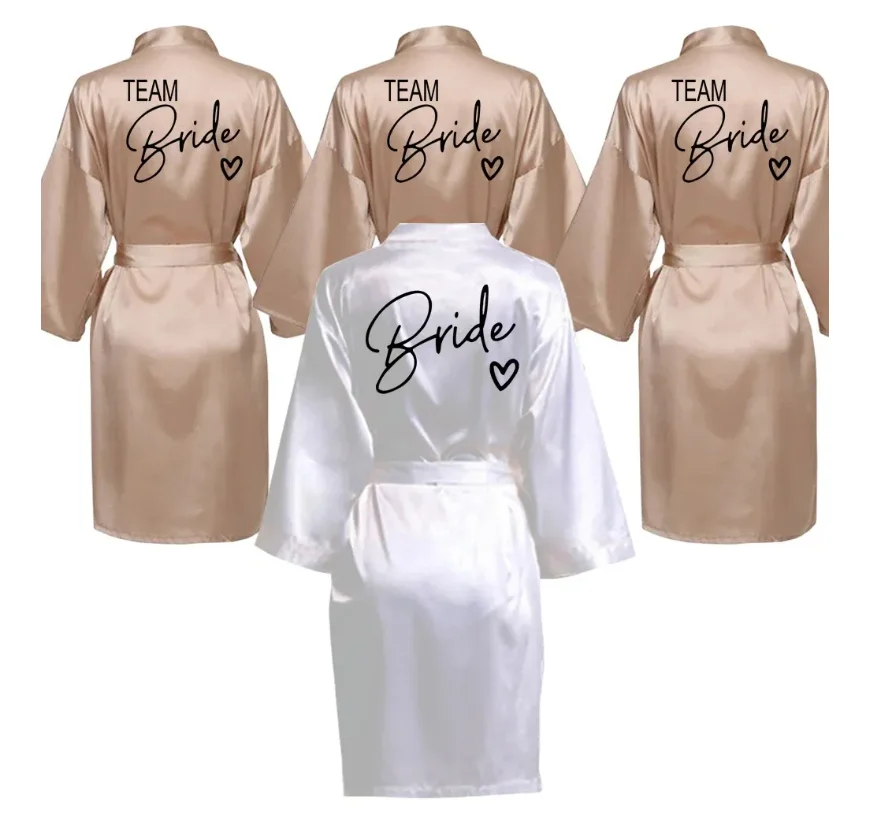 Wedding Party Team Bride Robe With Black Letters Kimono Satin Pajamas Bridesmaid Bathrobe SP001