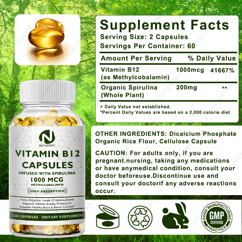 Vitamin B12 Capsules 1000 mcg for Energy Metabolism, Nervous, Brain, Immune System Health Non-GMO