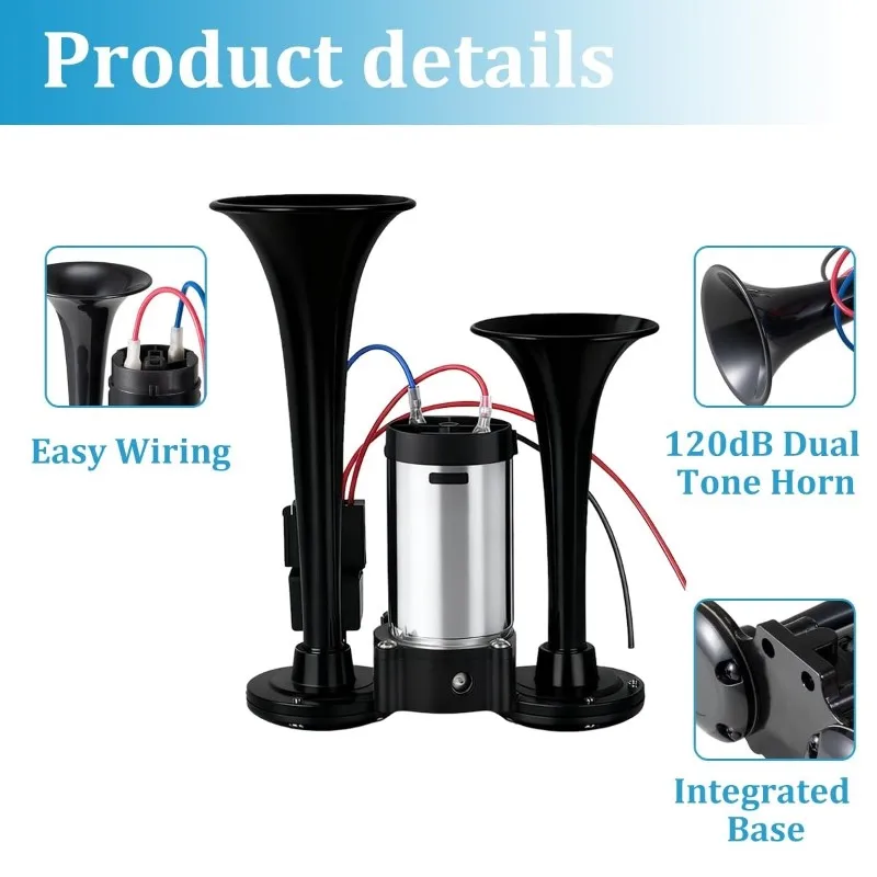 

12V Car Electric Air Horn, Dual Trumpet Truck Electric Air Horn With Air Compressor, Universal Speaker For Car Boats