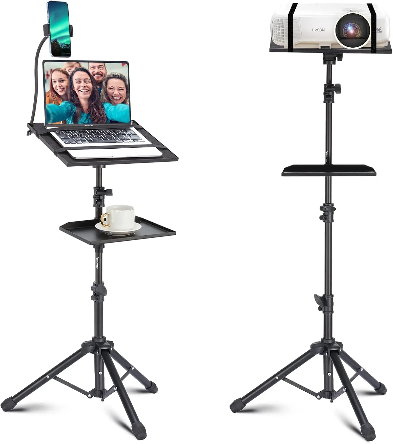 

Adjustable Projector Tripod Stand with Shelves, Phone Holder for Office Home Studio Use