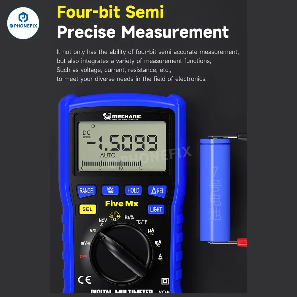 Imagem -04 - Mecânico Cinco mx Quatro-bit Multímetro Digital Totalmente Automático Transmissão de Fala Inglês Retroiluminação Lcd Mini mx td True Rms