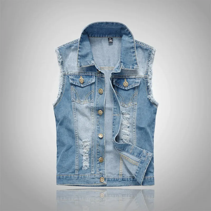New Large-sized Korean-style Slimming and Trendy Men's Denim Vest Men Light Blue Waistcoat Ripped Denim Vest Simple and Stylish