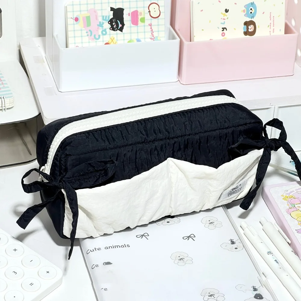 Cartoon Bowknot Pen Bag Large Capacity Soft Fabric Pencil Case Multifunctional Pen Box Gift
