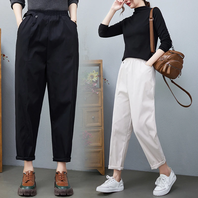 

plus Size Women's Color Cotton Casual Pants Elastic Waist Sa Harem Carrot Pants Meat Concealing Slimming Long Trousers
